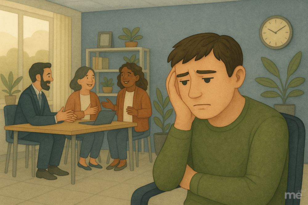 A digital watercolor illustration of an office scene showing a young man sitting apart from a group of cheerful coworkers. He looks anxious and withdrawn, resting his head in his hand, while the others chat around a table in the background. The setting includes soft natural lighting, potted plants, a clock on the wall, and muted, calming tones.