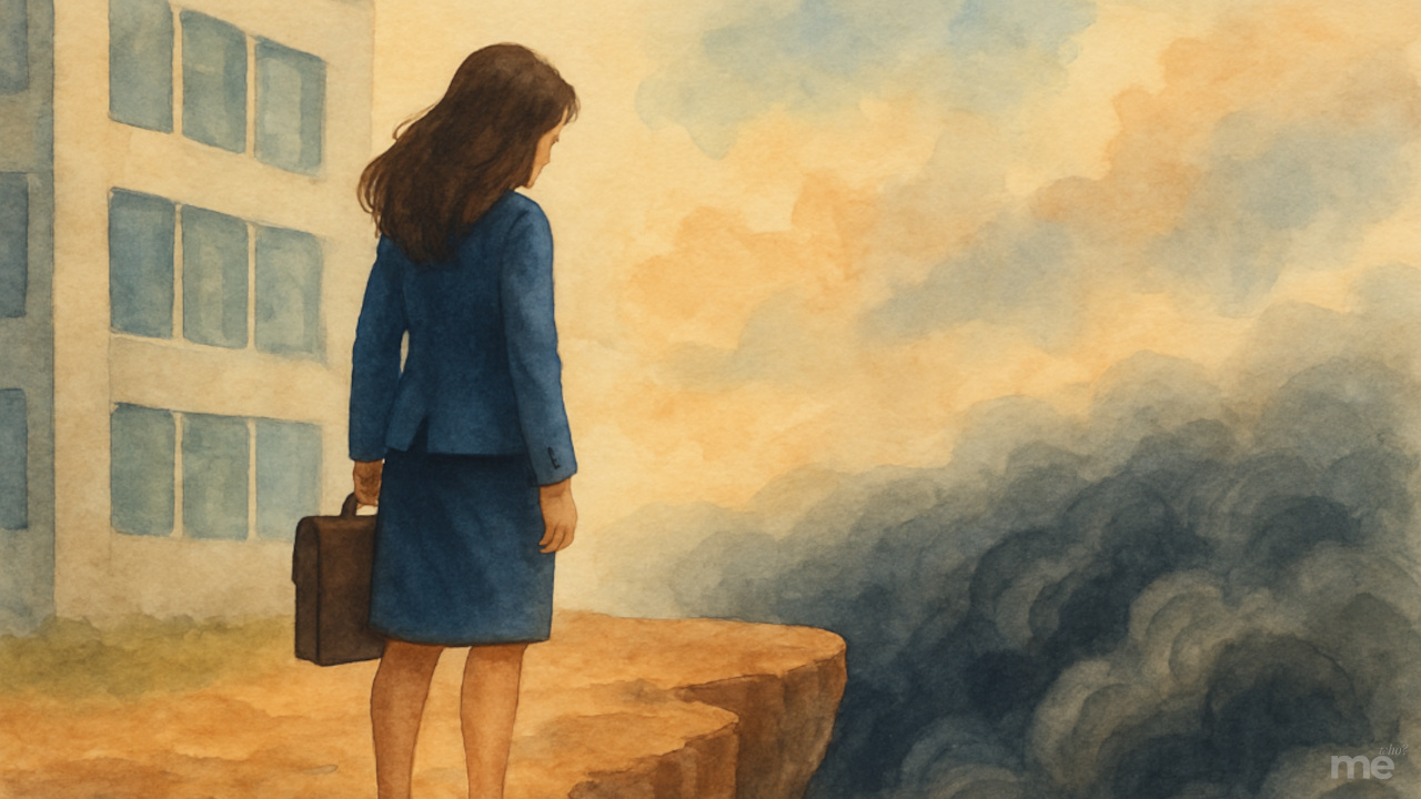 A watercolor illustration of a woman in business attire standing near the edge of a cliff, gazing into a swirling, cloud-filled abyss. A modern office building stands behind her. The scene evokes introspection, uncertainty, and the emotional tension between professional life and internal struggle.