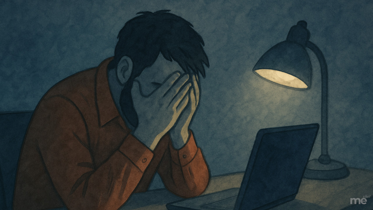 A watercolor-style illustration of a man sitting alone at a wooden desk, his face buried in his hands beneath the soft glow of a desk lamp. A closed laptop sits in front of him, casting a faint shadow across the dimly lit room, evoking quiet frustration and emotional exhaustion.