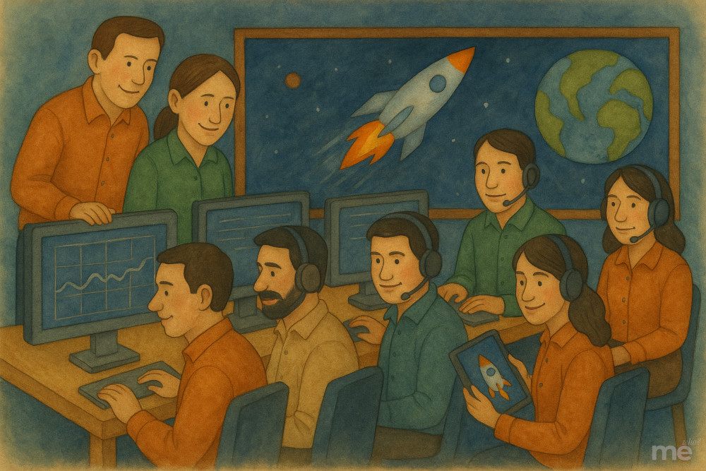 Watercolor illustration of a mission control team overseeing a rocket launch, featuring a diverse group of people working at computer stations with a rocket shown in the background. 