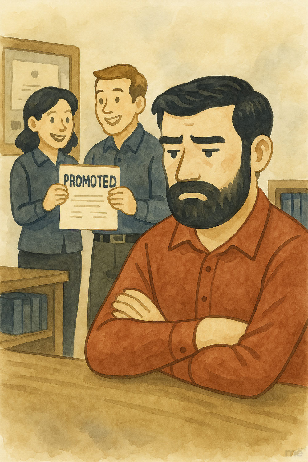 A watercolor illustration of a man sitting at his desk with crossed arms, looking disappointed as two coworkers in the background celebrate a promotion. The muted scene uses earthy tones to highlight the contrast between quiet frustration and joyful success.