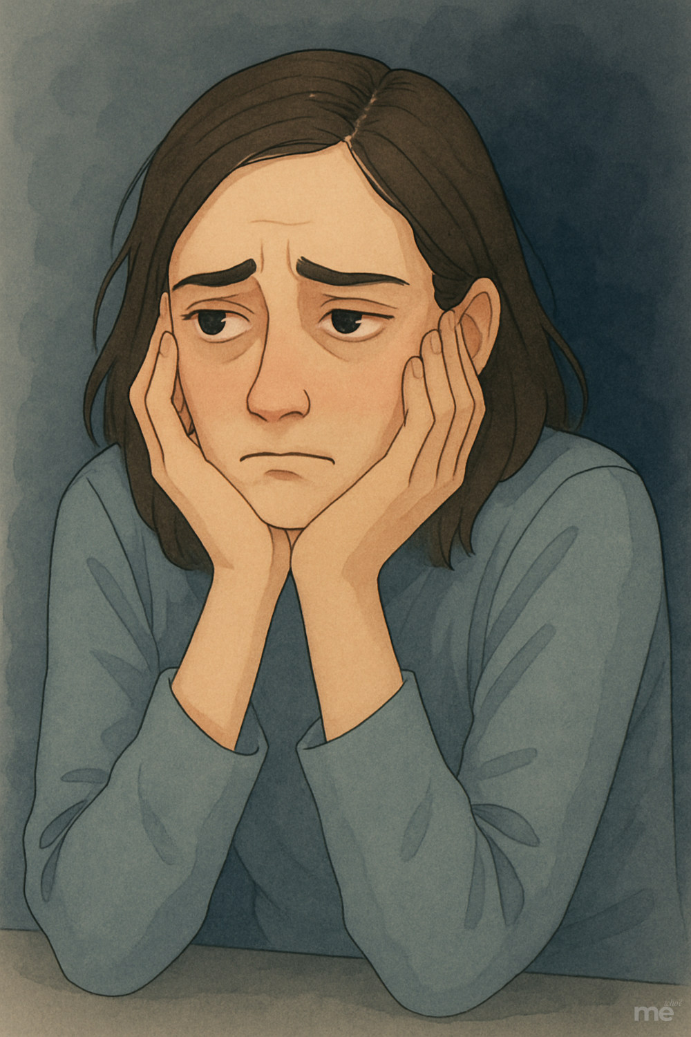 A young woman sits with her face resting in her hands, looking overwhelmed and anxious. Her expression is tense and withdrawn, with furrowed brows and downturned eyes. She is experiencing performance anxiety at work.