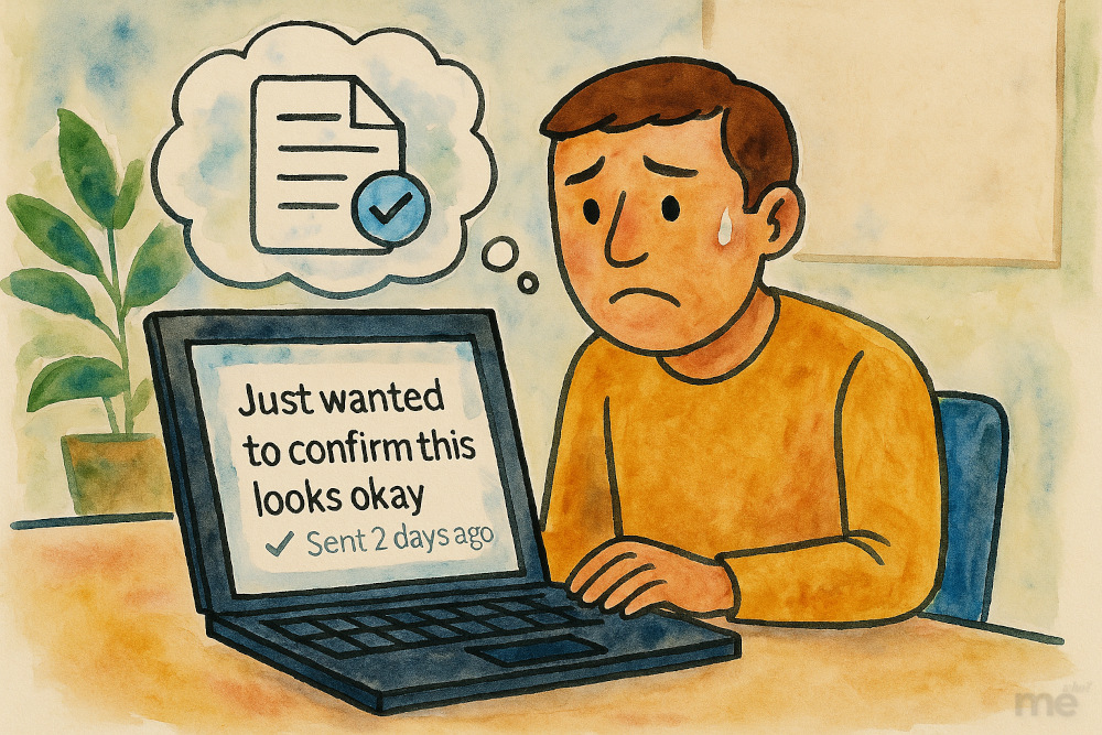 Watercolor illustration of a worried man sitting at a desk, staring at his laptop with a sweat drop on his face. On the screen is a message that reads, “Just wanted to confirm this looks okay — Sent 2 days ago,” accompanied by a checkmark. A thought bubble above his head shows a document with a checkmark, representing his anxiety over being ignored after reaching out for feedback. Don't feel like a failure at work.