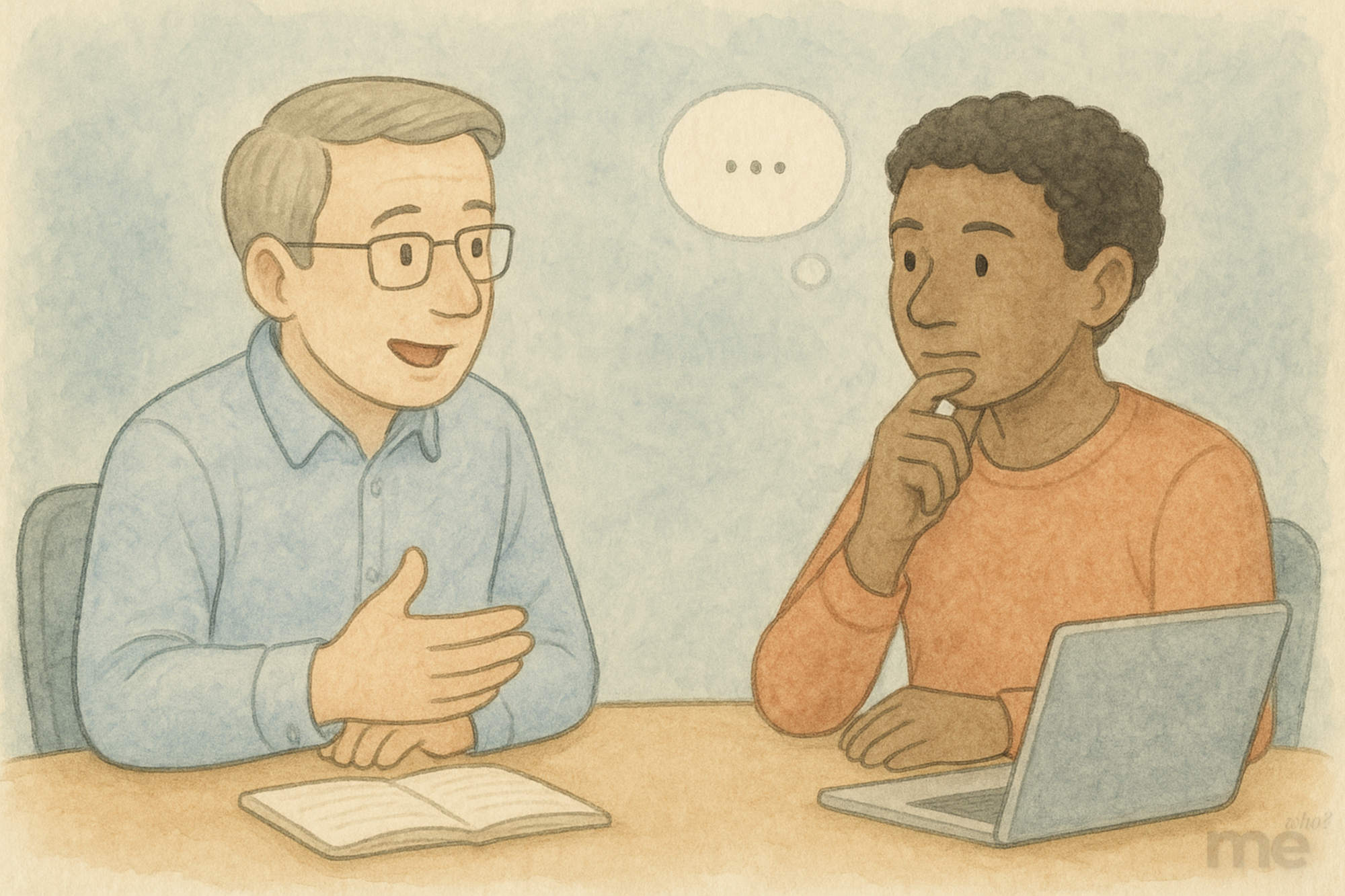 Two coworkers sit at a table in a soft watercolor-style illustration. One gestures while speaking, and the other listens thoughtfully with a hand to his chin and a speech bubble containing an ellipsis, suggesting he’s pausing to reflect before responding.