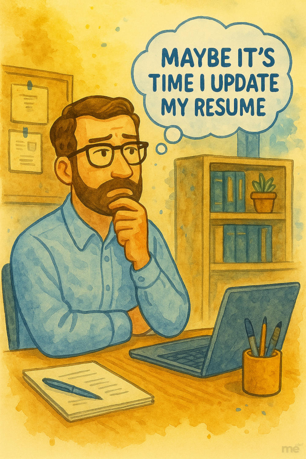 Watercolor-style illustration of a thoughtful man with a beard and glasses sitting at a desk with a laptop and notepad. He has a hand on his chin and looks concerned. A thought bubble above him reads, “Maybe it’s time I update my resume.” He evokes how one might feel like a failure at work.