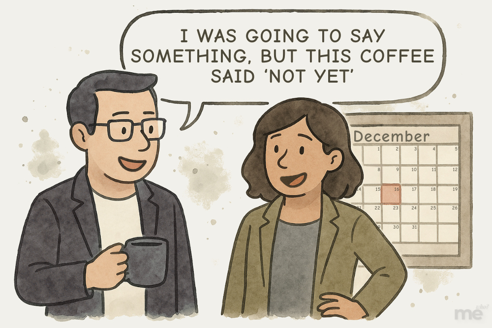 A watercolor-style illustration shows two coworkers standing in front of a December calendar. The man holds a coffee mug and smiles while saying, “I was going to say something, but this coffee said ‘not yet.’” The woman smiles warmly in response. The image conveys a relatable, low-pressure moment of humor in a workplace setting to help you speak up at work.