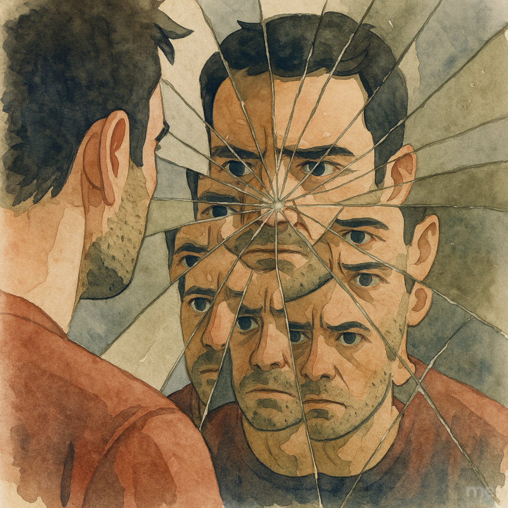 A painting of a man gazing into a shattered mirror, his fragmented reflection appeared in multiple distorted sections.