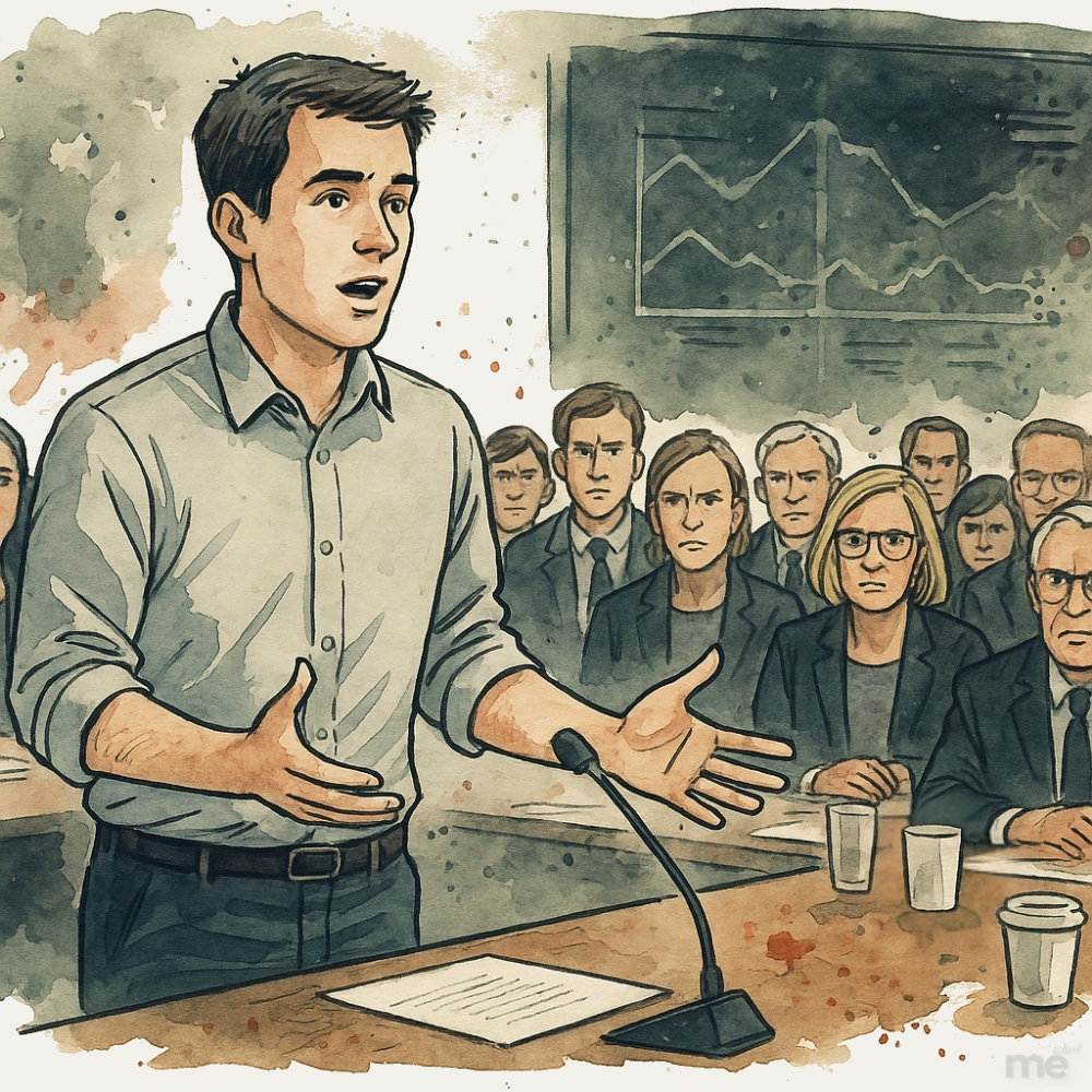 Watercolor illustration of a young man in a light button-down shirt speaking at a long conference table, gesturing confidently with both hands. Around the table, a group of serious, attentive professionals in dark suits listen intently. A large data chart is visible on the wall in the background, and coffee cups and papers are scattered across the table surface.