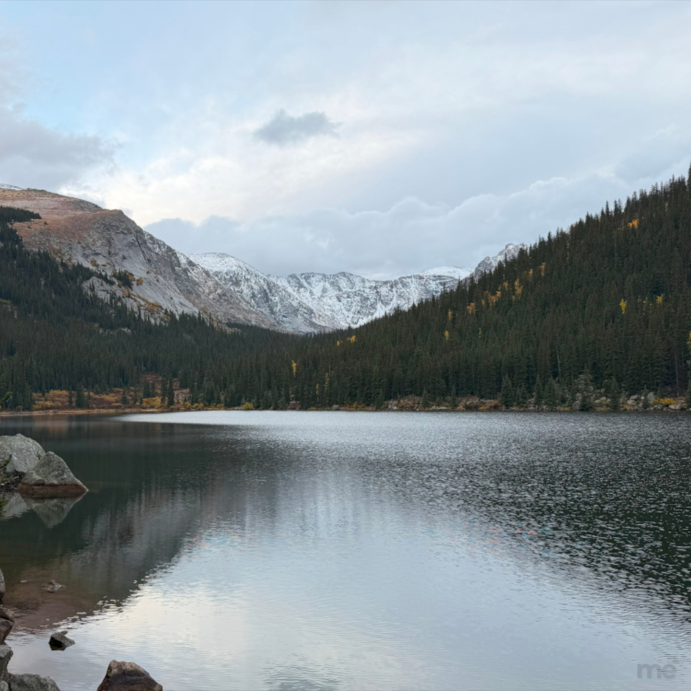 Mountain lake surrounded by evergreen forest with snow-capped peaks in the background under a cloudy sky.