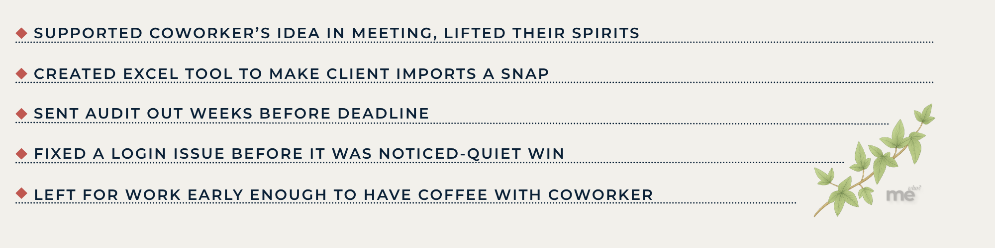 List of five small workday wins with decorative leaves in the bottom right corner. Wins include supporting a coworker, creating a helpful Excel tool, sending an audit early, fixing a login issue quietly, and arriving early to share coffee with a coworker.