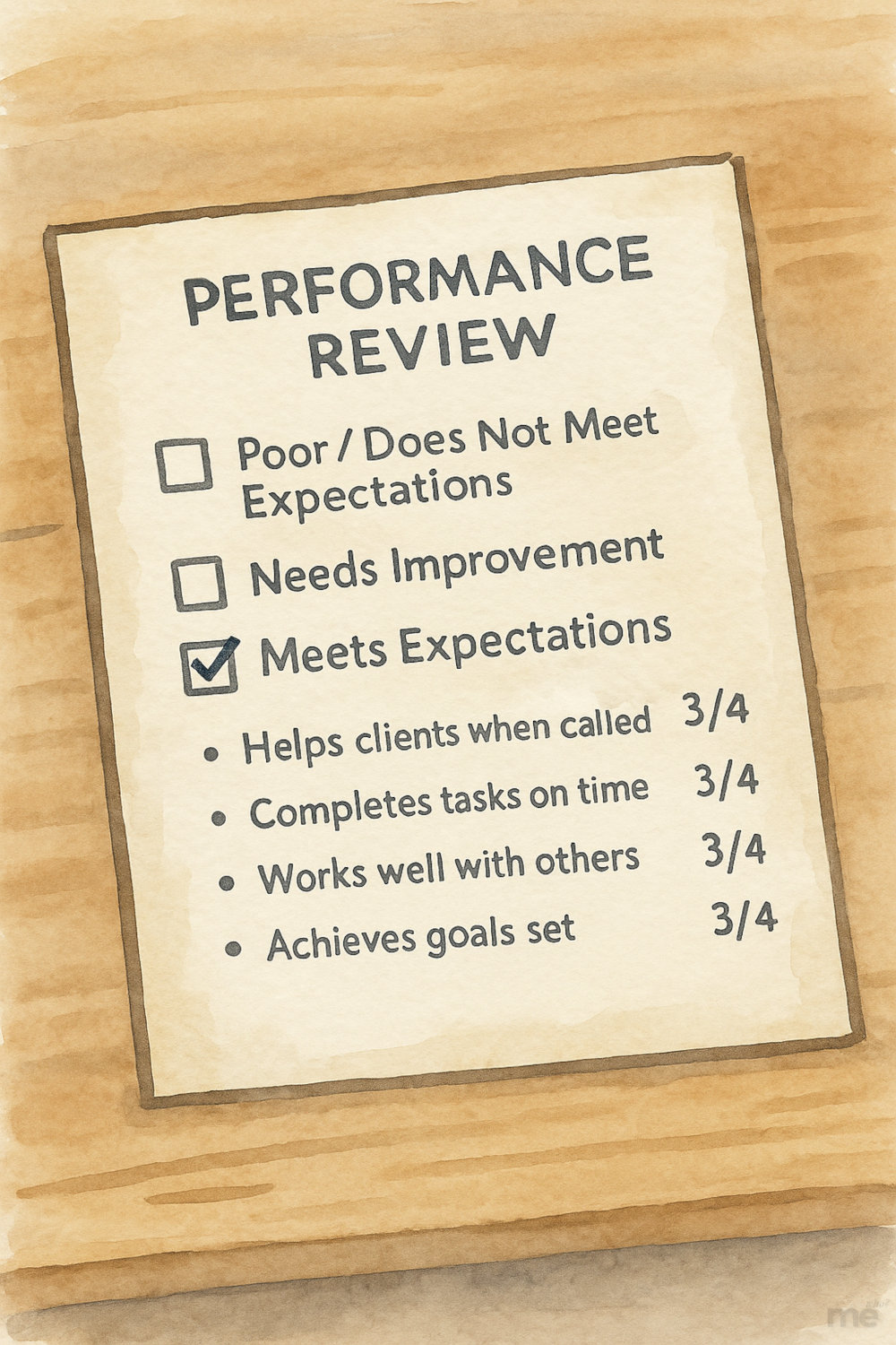 A watercolor-style illustration showing a performance review form on a wooden desk. The form has four rating options—“Poor/Does Not Meet Expectations,” “Needs Improvement,” “Meets Expectations,” and “Exceeds Expectations”—with “Meets Expectations” checked. Below the ratings are four evaluation items, each marked 3 out of 4.