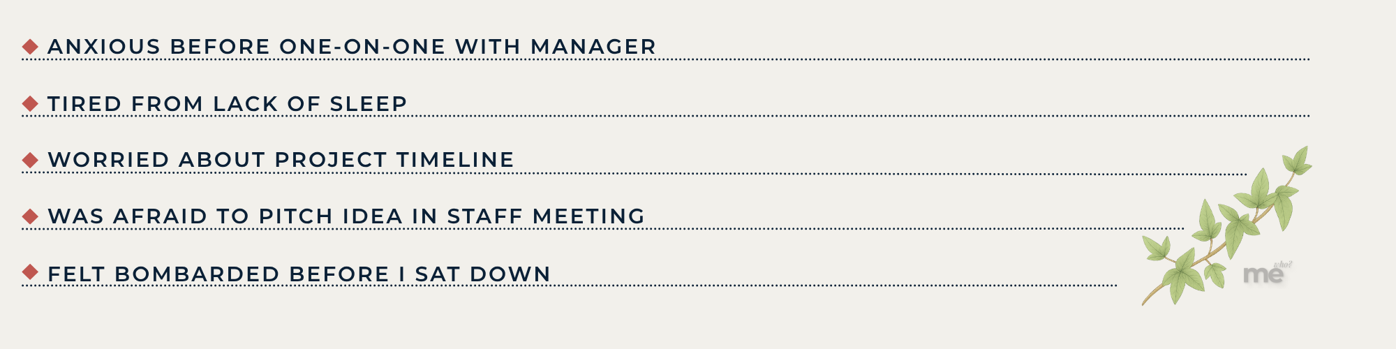 List of five quiet workplace struggles, including anxiety, fatigue, and hesitation, styled with minimal design and leafy decoration in the bottom right corner.