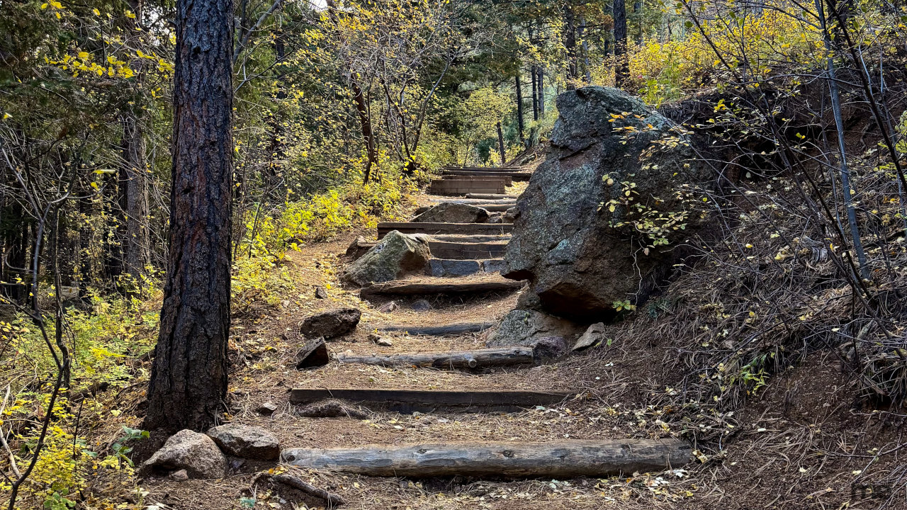 Dirt trail with rustic wooden steps leading uphill through a forest of pine trees and autumn foliage, surrounded by rocks and sunlight filtering through the trees.