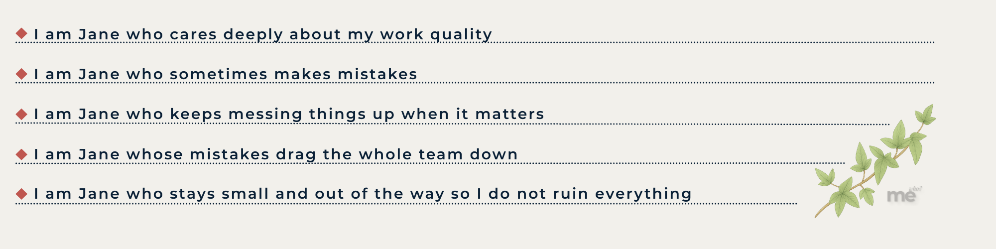 A list of identity-based self-blaming statements at work, showing how repeated mistakes are internalized into a negative personal narrative about competence and worth.