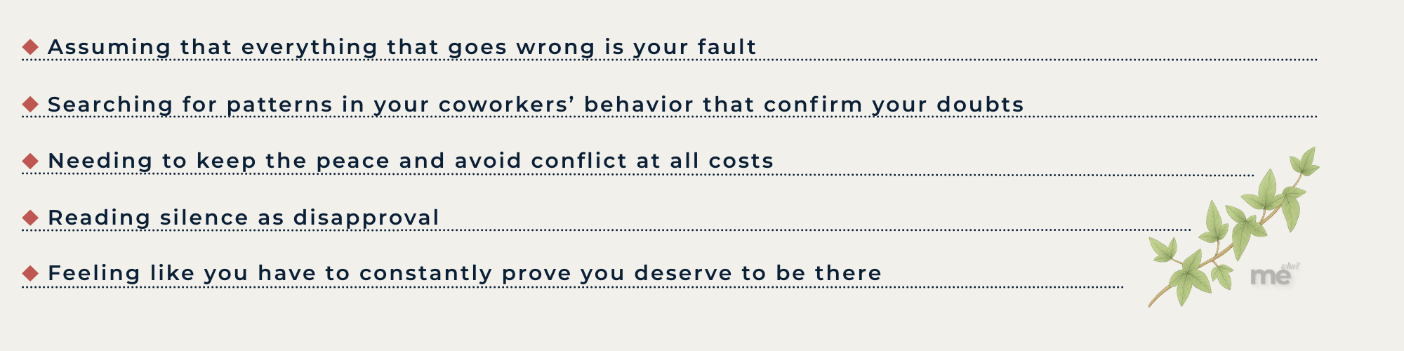 A checklist-style graphic listing common self-blame thought patterns at work, including assuming fault, overinterpreting coworkers’ behavior, avoiding conflict, and feeling the need to constantly prove worth.