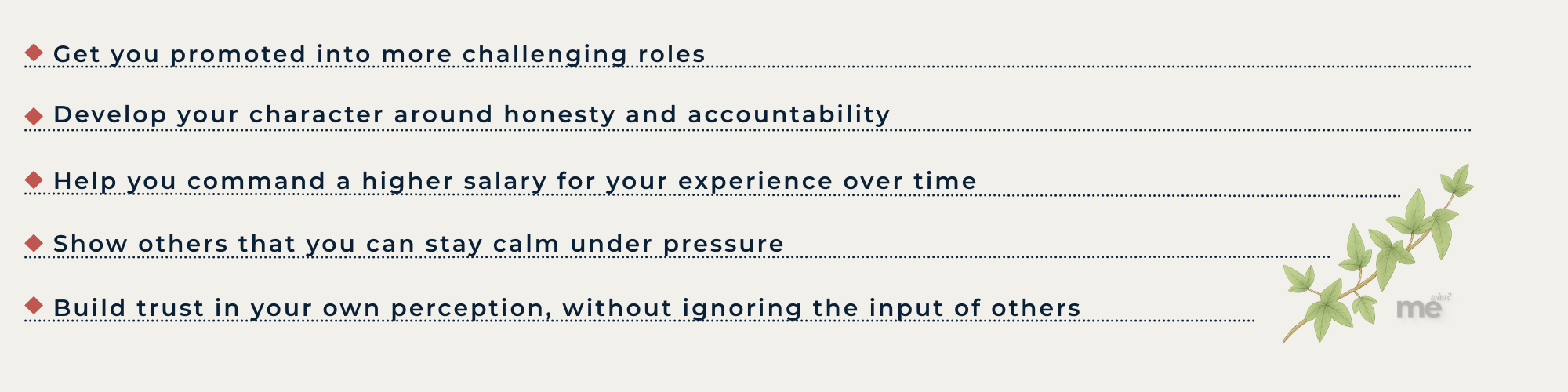 A list outlining benefits of handling mistakes well at work, including career growth, higher pay over time, staying calm under pressure, and building trust in one’s judgment.
