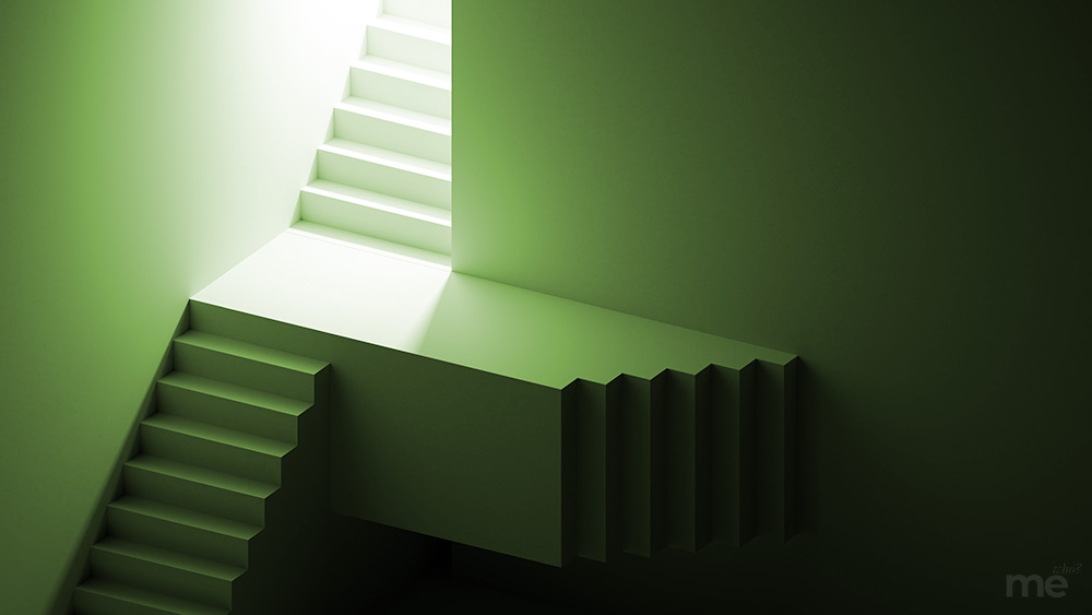 A minimalist, abstract 3D rendering of geometric staircases bathed in a calming sage green light. A bright white light illuminates the top flight of stairs, casting long, sharp shadows across the smooth, monochromatic architectural surfaces.