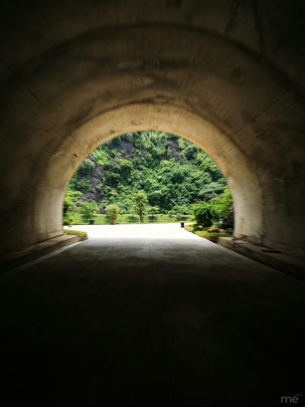 A dramatic perspective shot from inside a dark, concrete tunnel looking out toward a bright, sunlit opening. The arch of the tunnel frames a lush, green landscape featuring a solitary tree and a steep, foliage-covered mountainside. The edges of the tunnel are blurred with a radial motion effect, drawing the eye toward the vibrant center.
