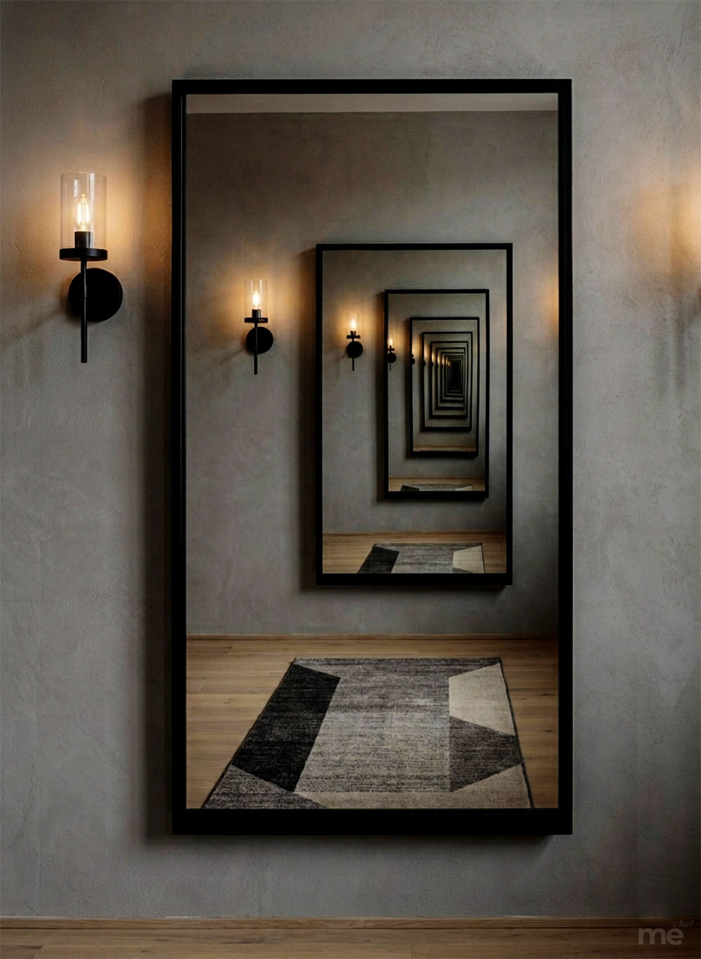 A modern black-framed mirror reflecting an endless recursive tunnel of mirrors and warm light against a muted, neutral interior.