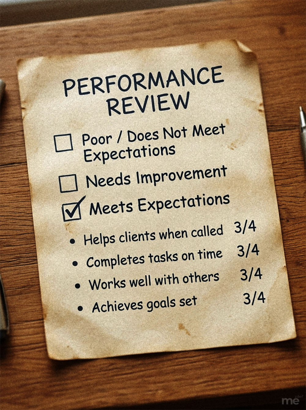 An illustration showing a performance review form on a wooden desk. The form has four rating options—“Poor/Does Not Meet Expectations,” “Needs Improvement,” “Meets Expectations,” and “Exceeds Expectations”—with “Meets Expectations” checked. Below the ratings are four evaluation items, each marked 3 out of 4.