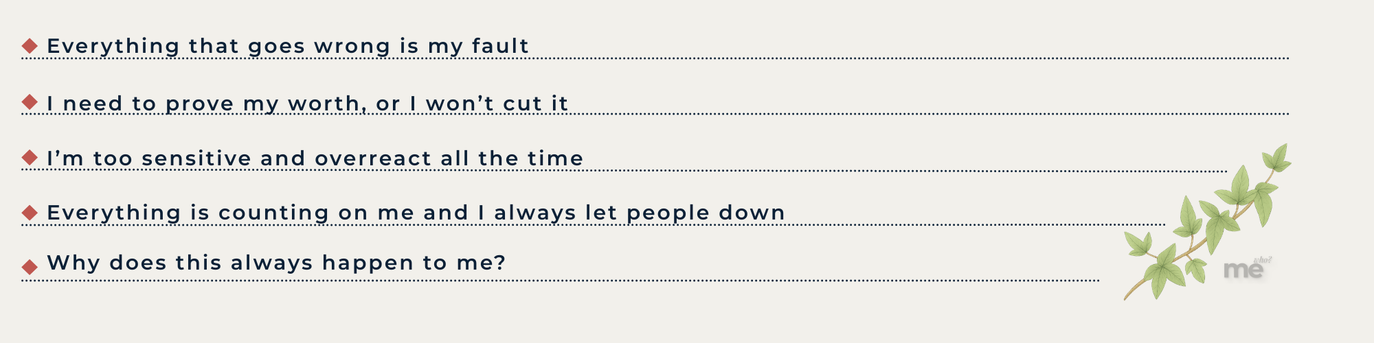 A list of core self-blaming beliefs, including taking responsibility for everything that goes wrong, feeling the need to prove worth, viewing sensitivity as a flaw, and assuming repeated failure is personal.