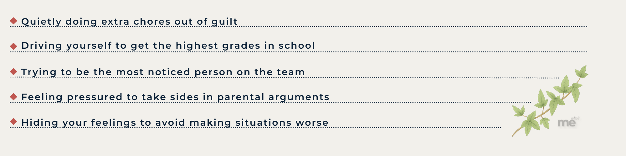 A graphic detailing various internal coping mechanisms and behaviors driven by guilt or external pressure. It highlights actions such as doing extra chores out of guilt, hiding feelings to avoid conflict, and feeling pressured to manage others' arguments.